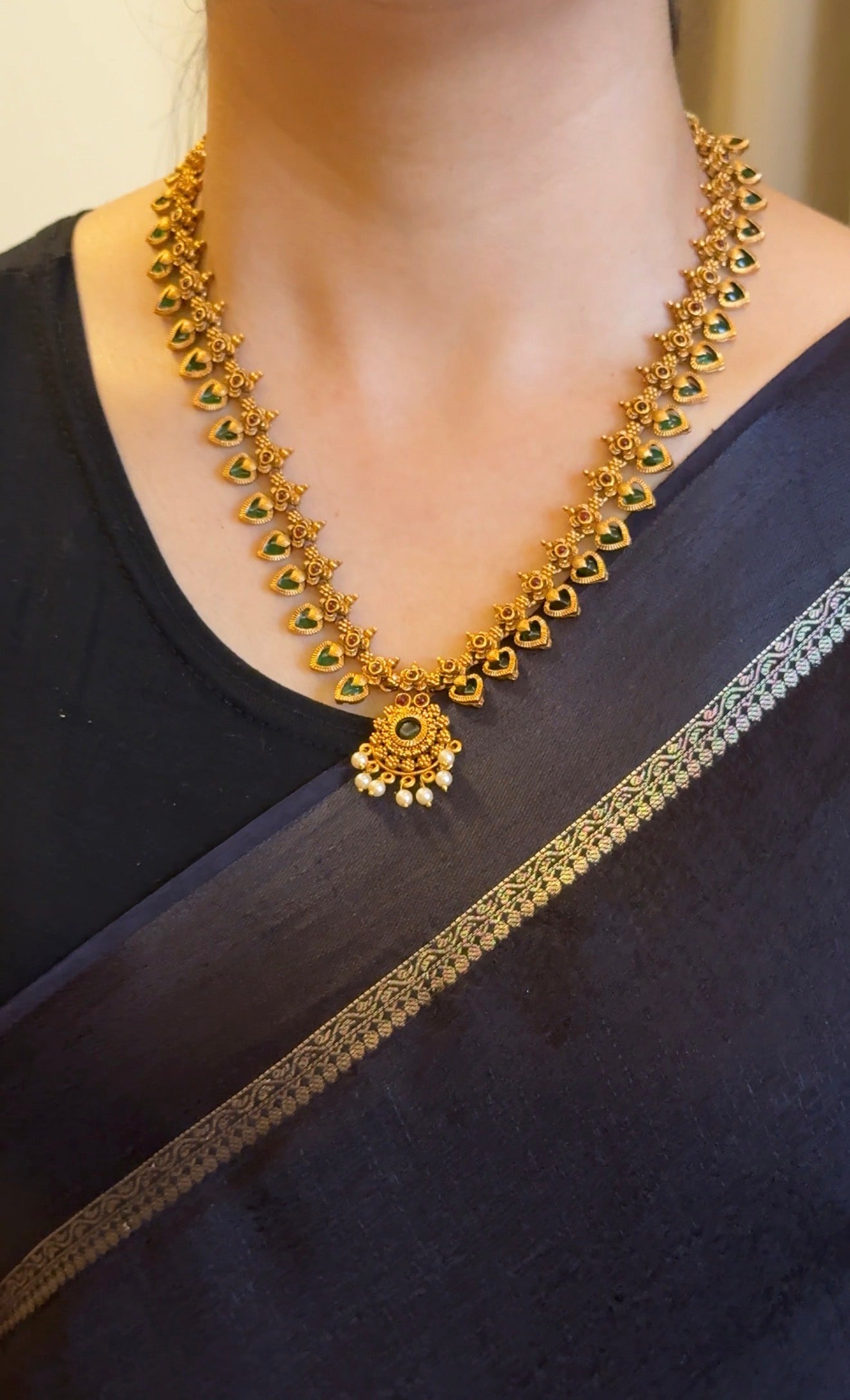 Green Palakka Haram With Earrings