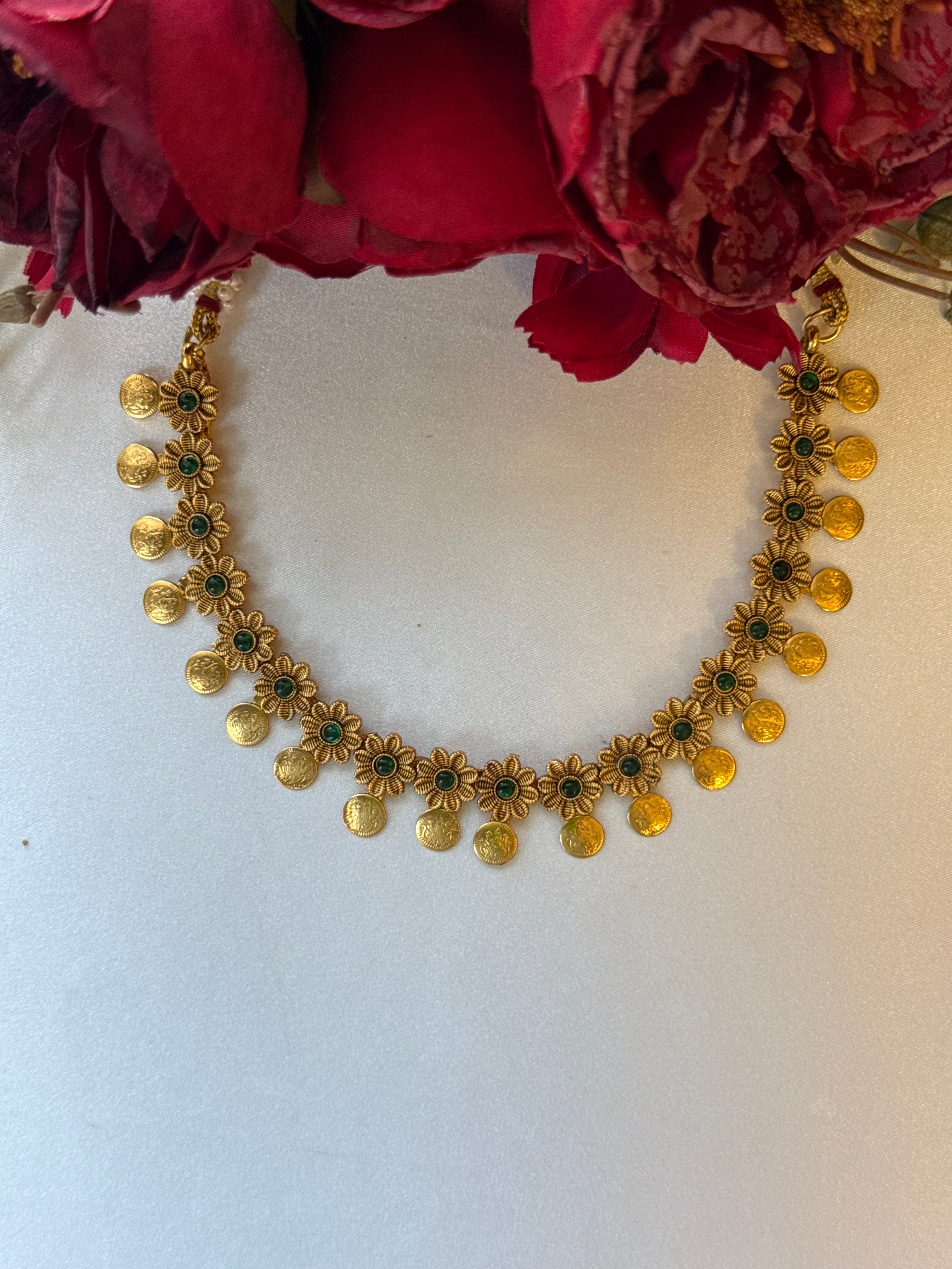 Green Floral Coin Necklace with Earrings