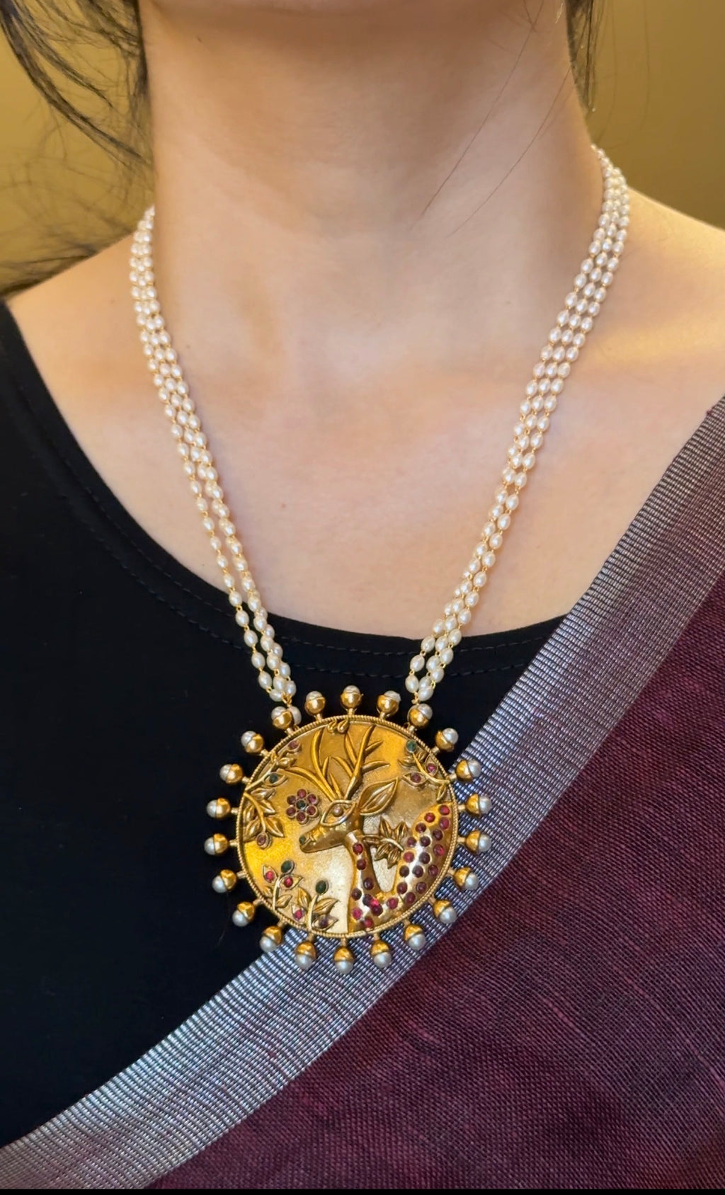 Deer Three Layer Pearl Necklace with Earrings
