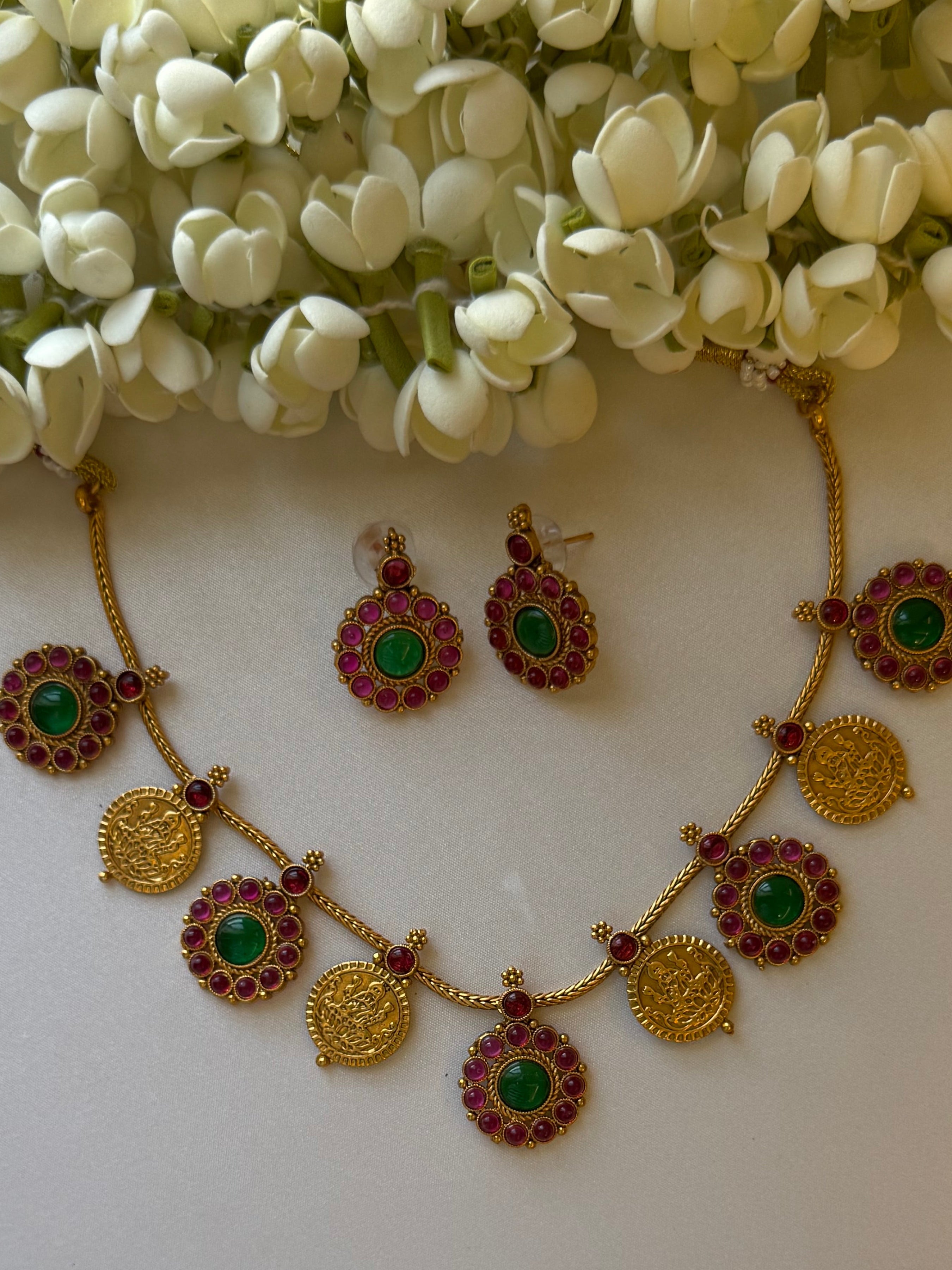 Multi Pendant Lakshmi  Coin Necklace with Earrings