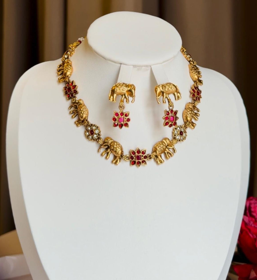Ruby Elephant  Choker Necklace With  Earrings
