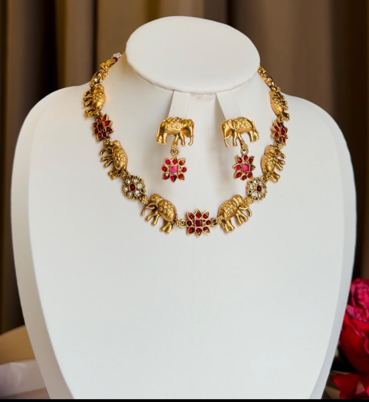 Ruby Elephant  Choker Necklace With  Earrings