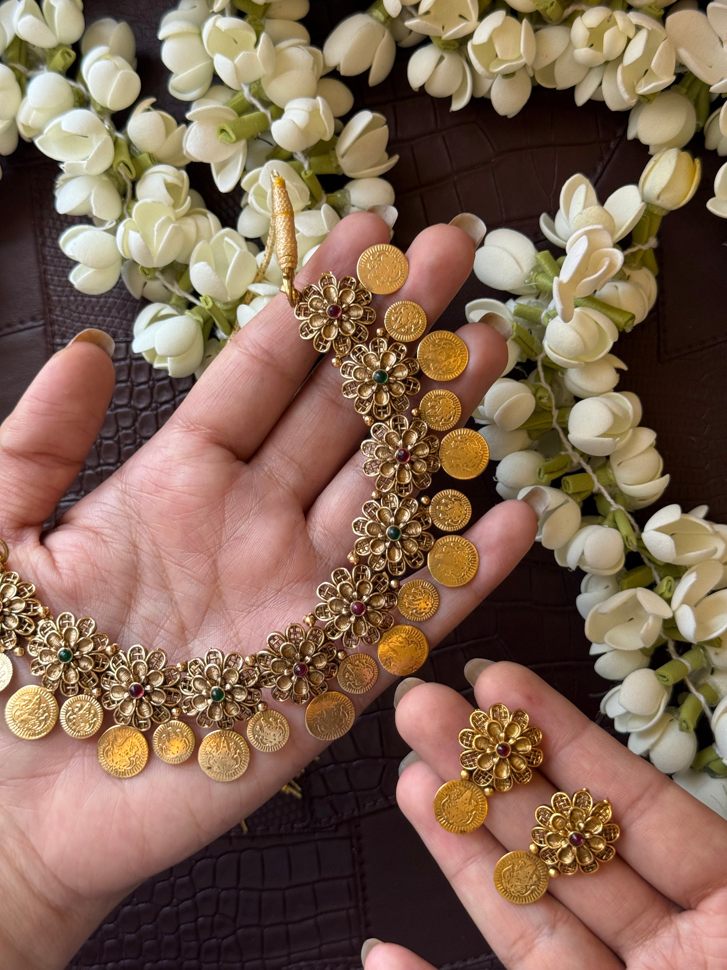 Coin Floral Necklace with Earrings