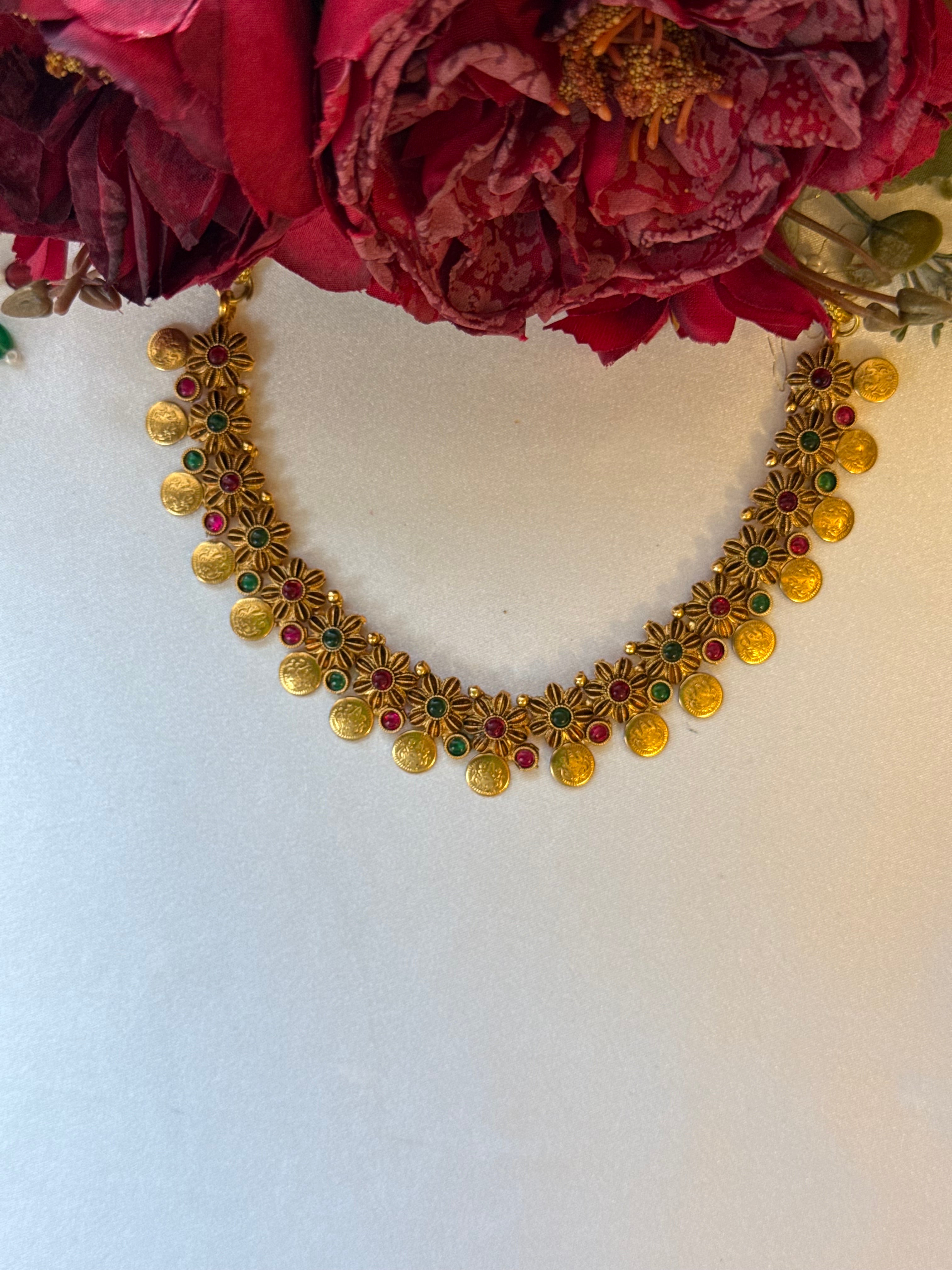 Multi Floral Coin Necklace with Earrings
