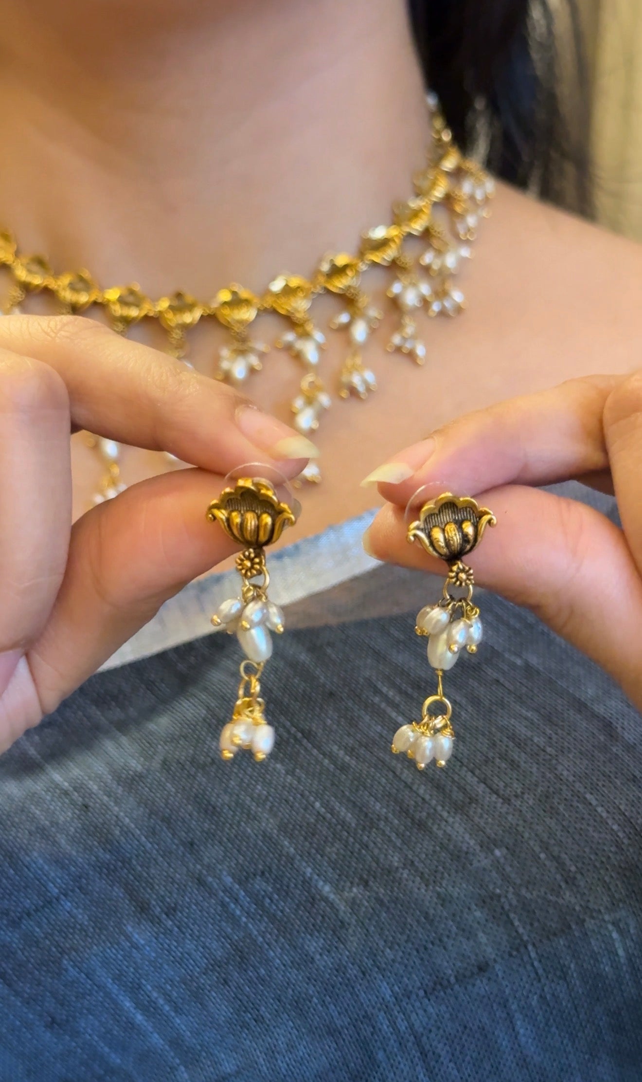 Rice Pearl Drop Necklace with Earrings