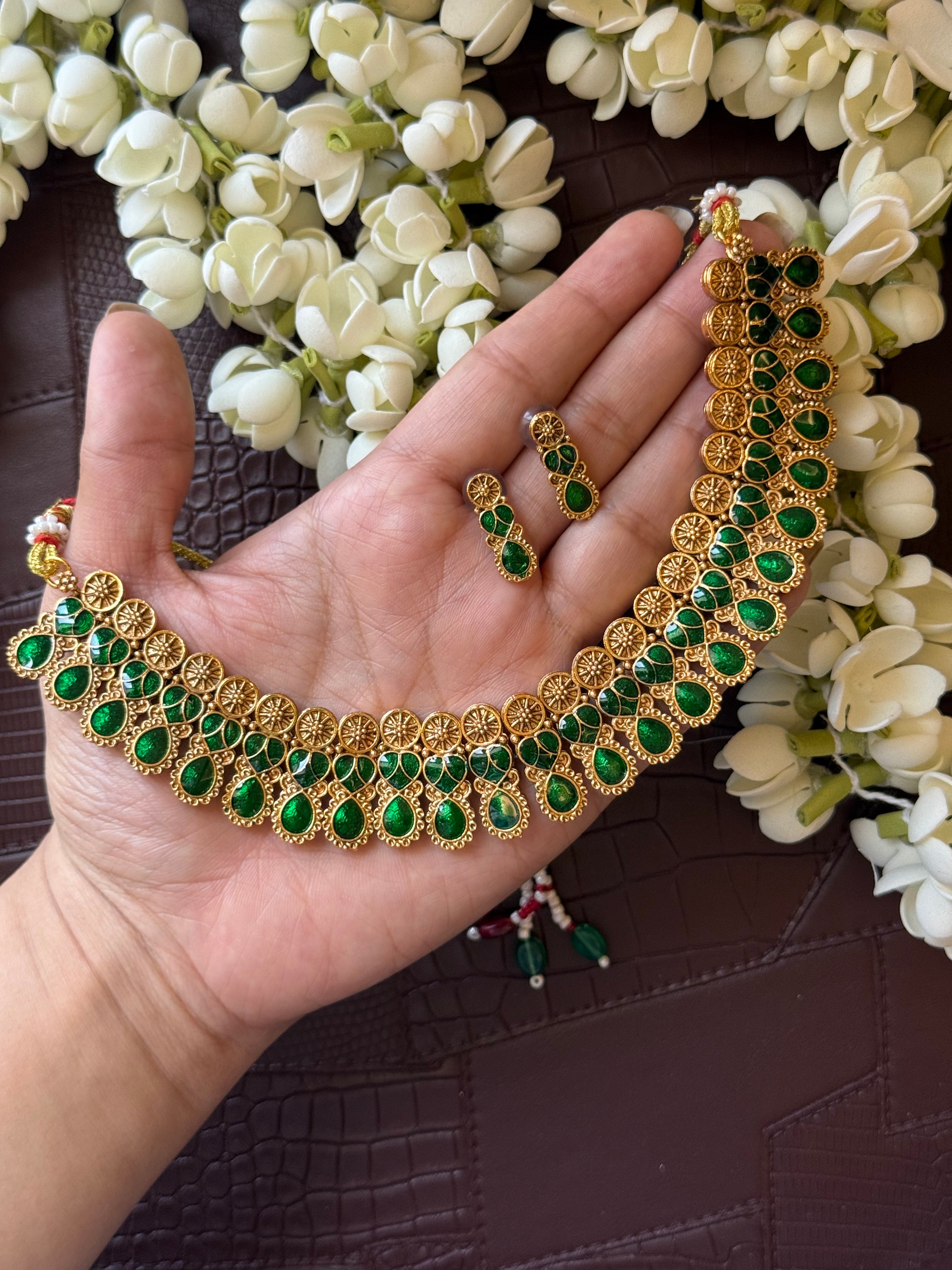 Green Enamel Necklace with Earrings