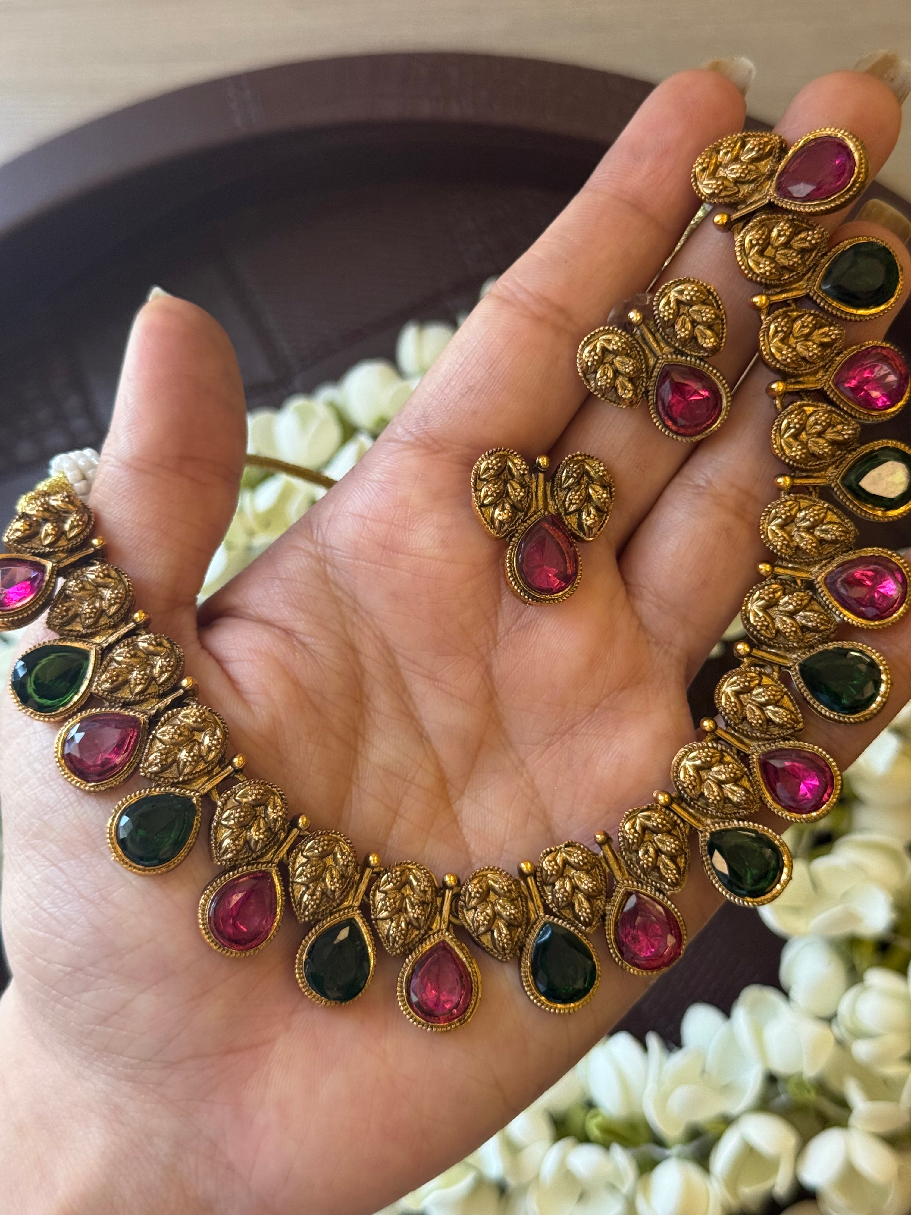 Multi stone Leaf Necklace with Earrings