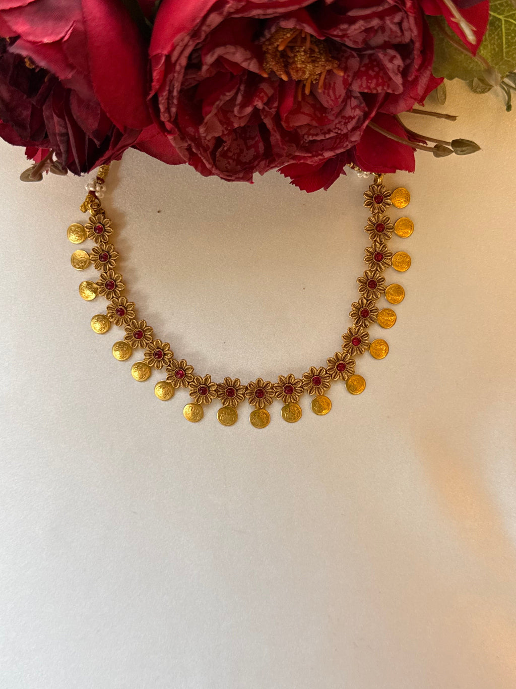 Ruby Floral Coin Necklace with Earrings
