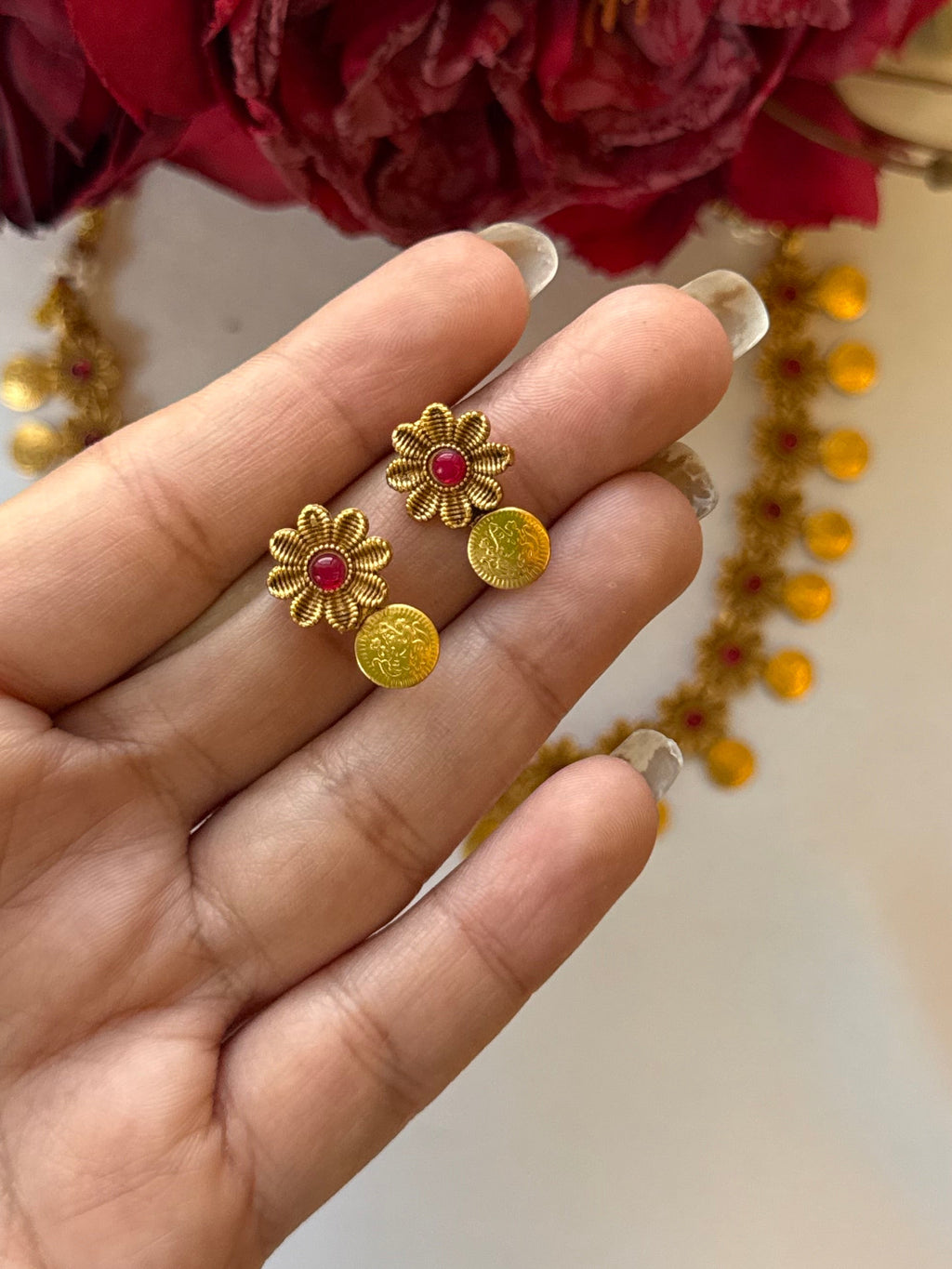 Ruby Floral Coin Necklace with Earrings