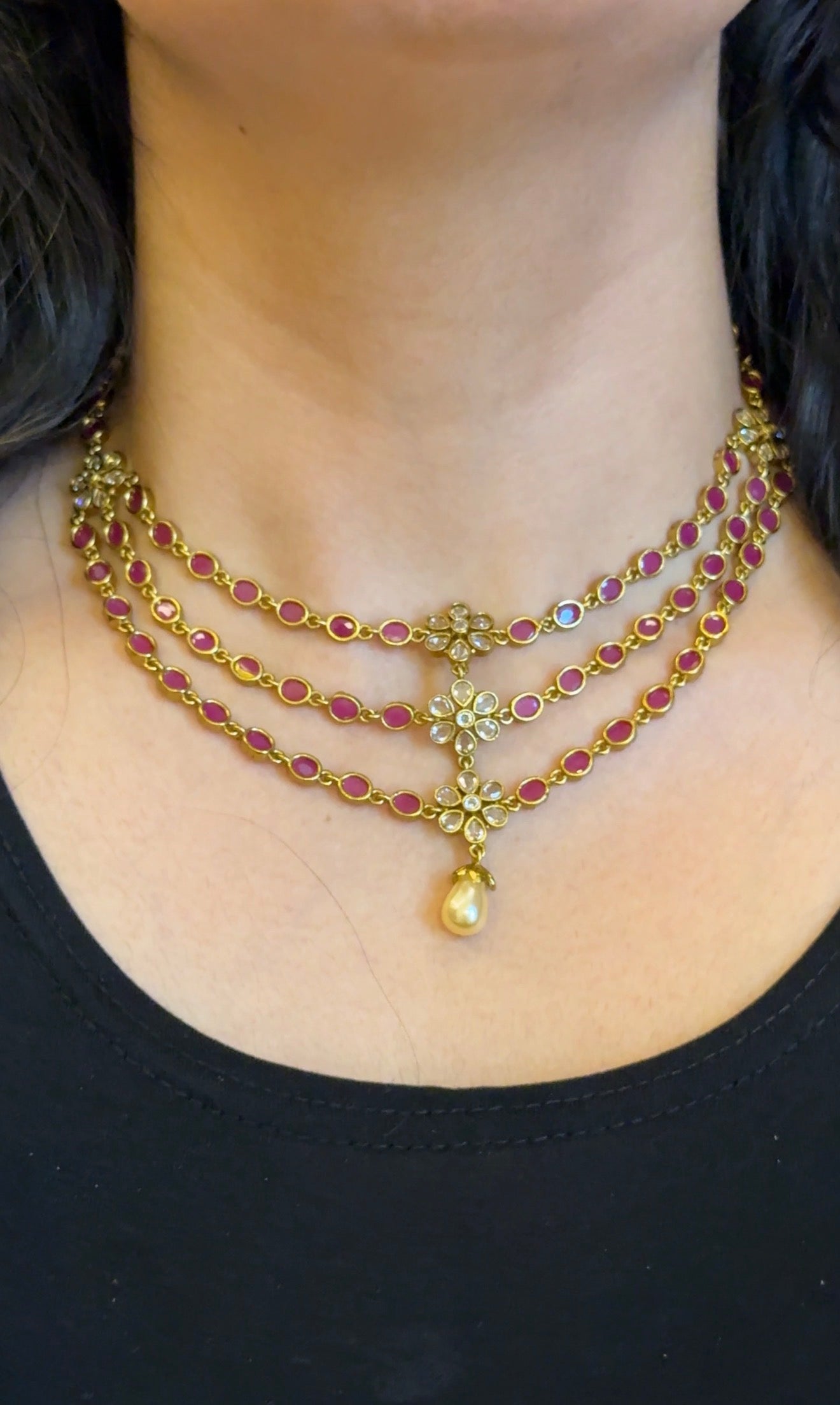 Best Seller Three layer princess Necklace(Raani Pink)