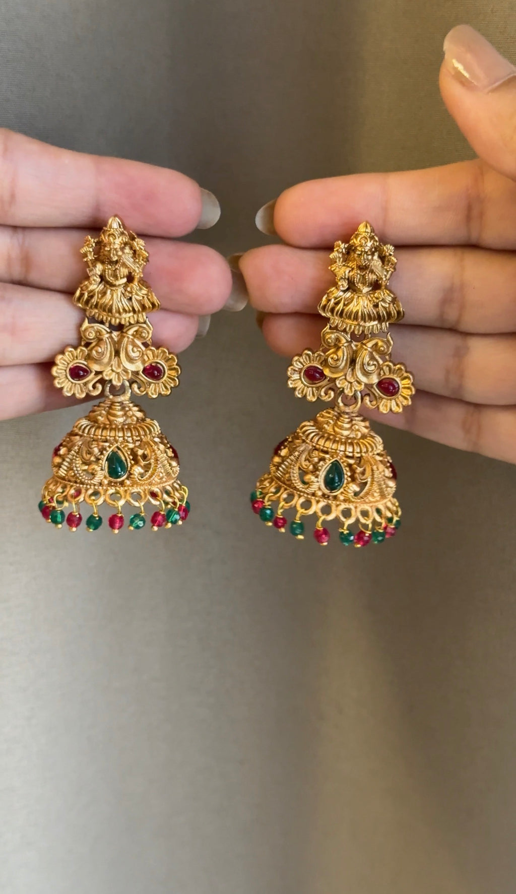 Gold Jhumka Red and Green