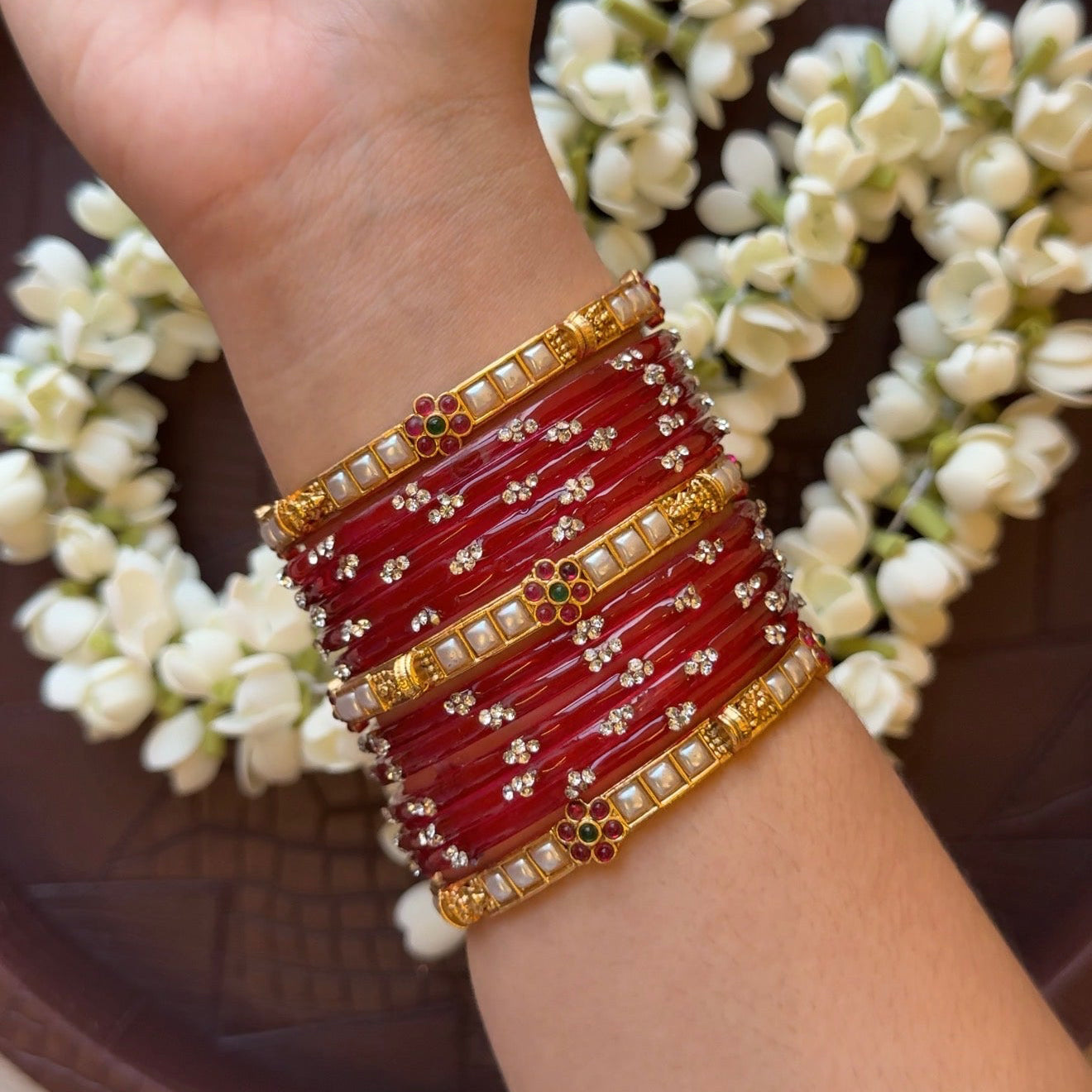 Red Pearl Glass Bangle Set