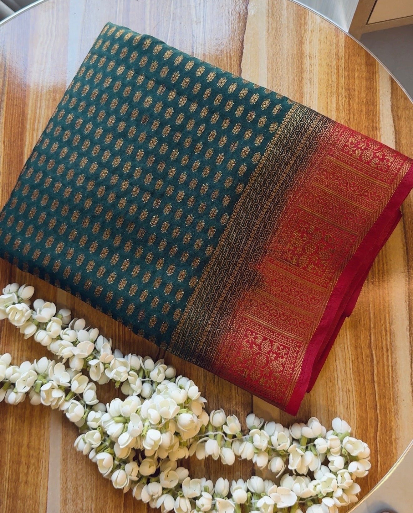 Green and Red Georgette Banarasi saree with blouse