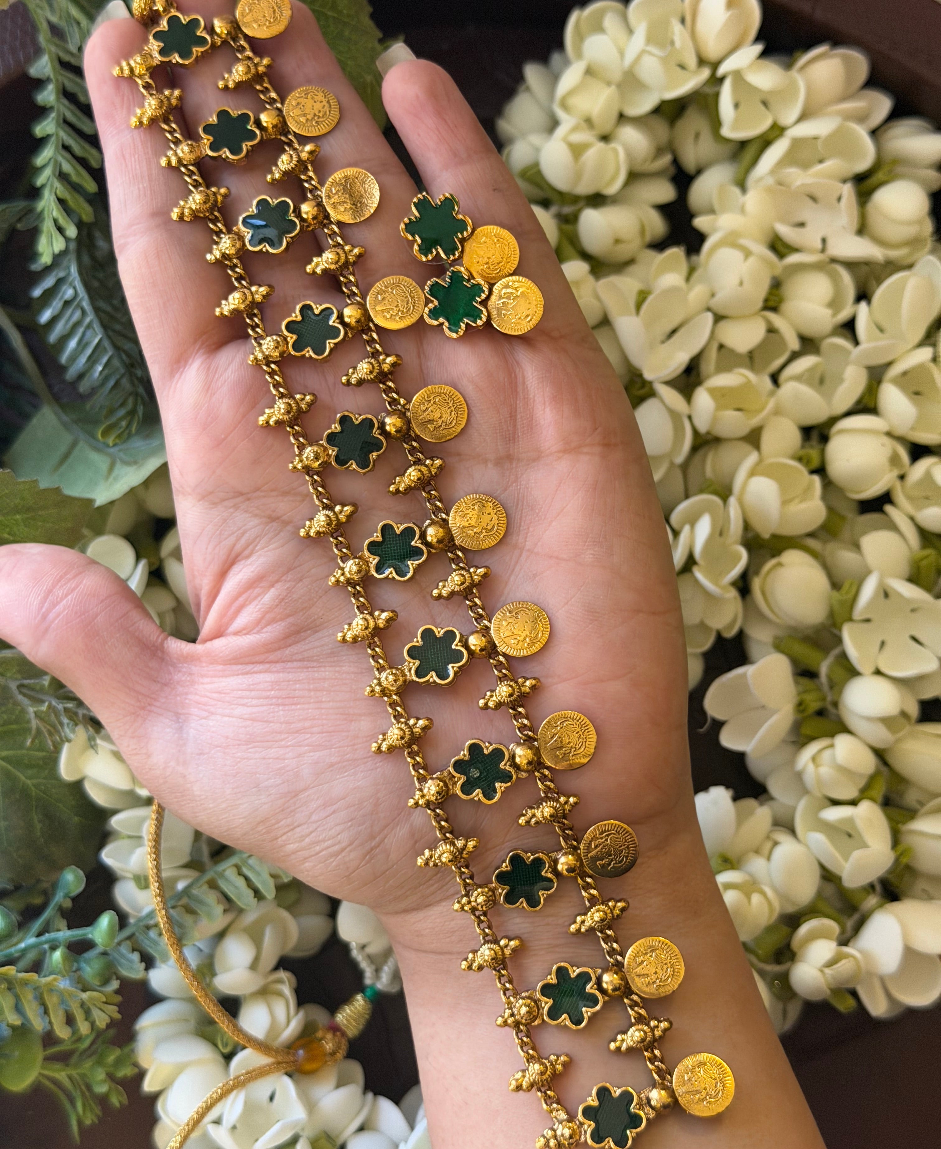 Green Flower Coin Choker with Earrings