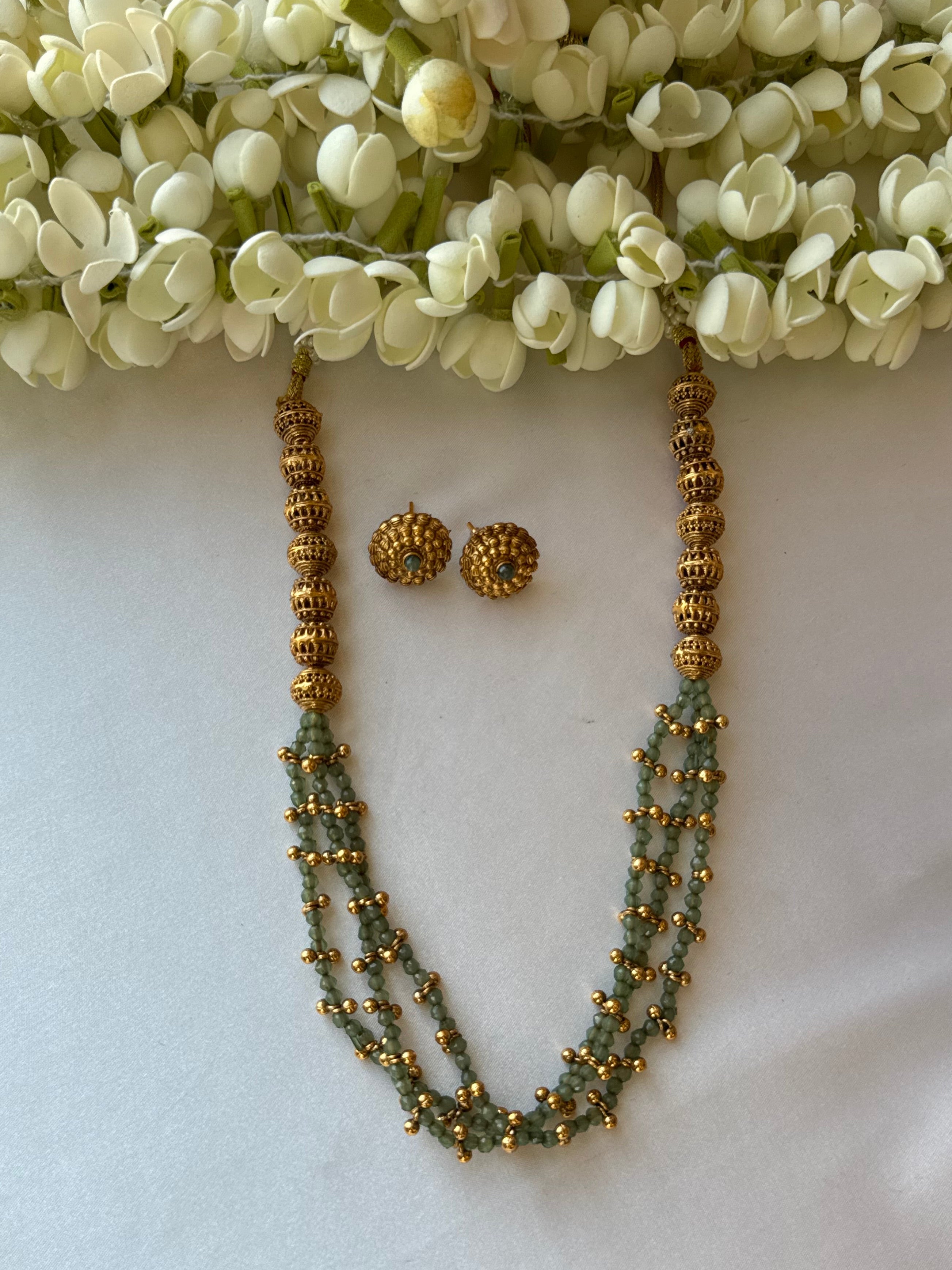 Simple Green Bead Pearl with Earrings