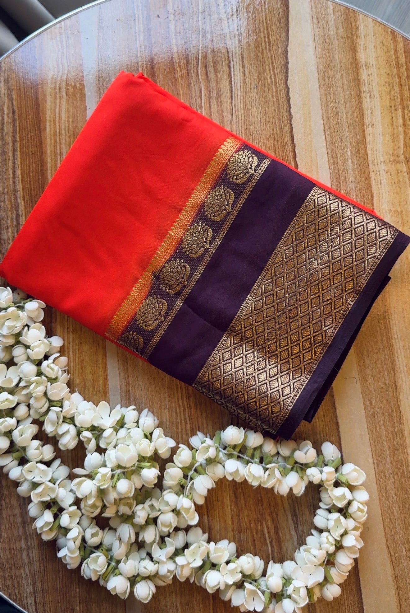 Orange Burgandy Mysore Silk Saree