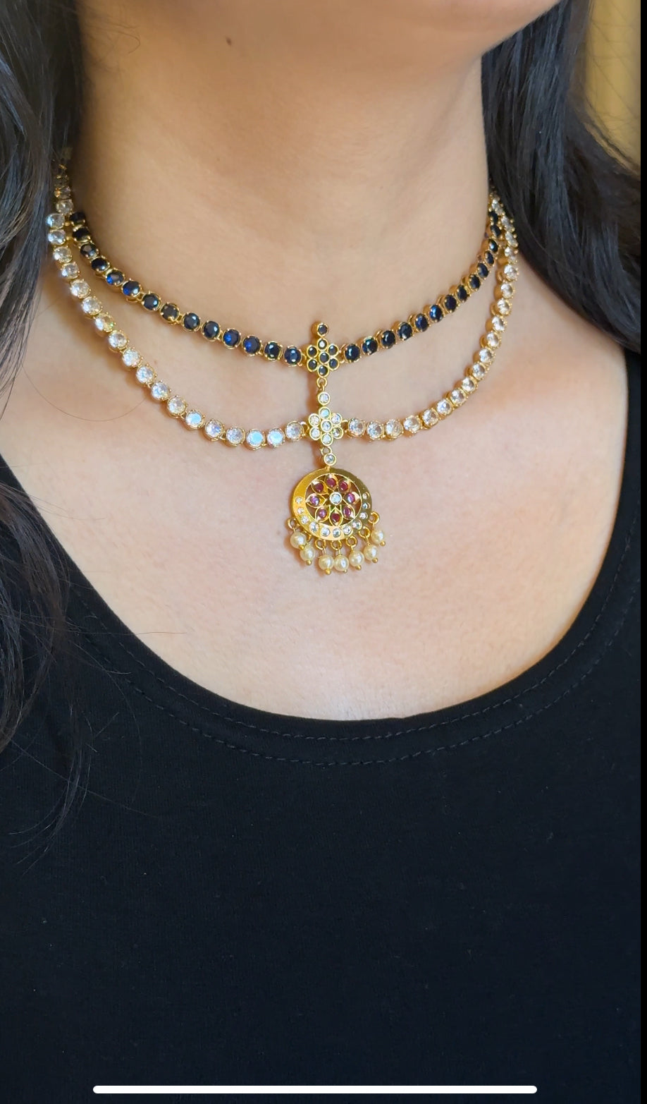 Double Layer White Stone and Sapphire Attigai with Earrings