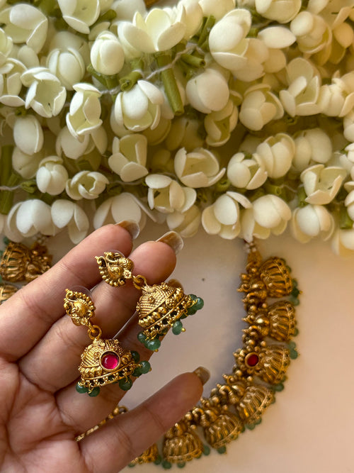 Aishwarya Necklace with Green Beads with Jhumkas