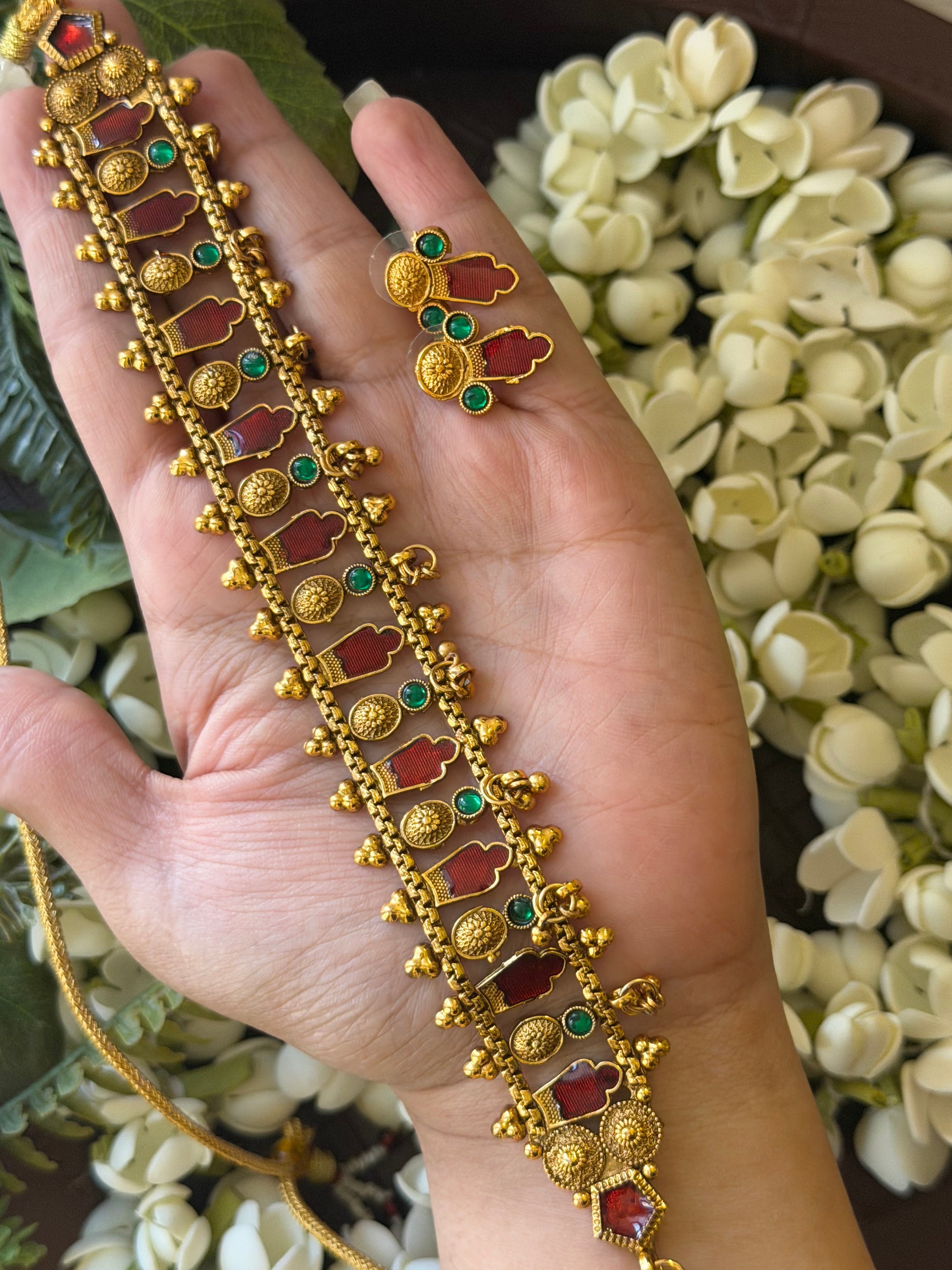 Red Green Palakka Choker With Earrings