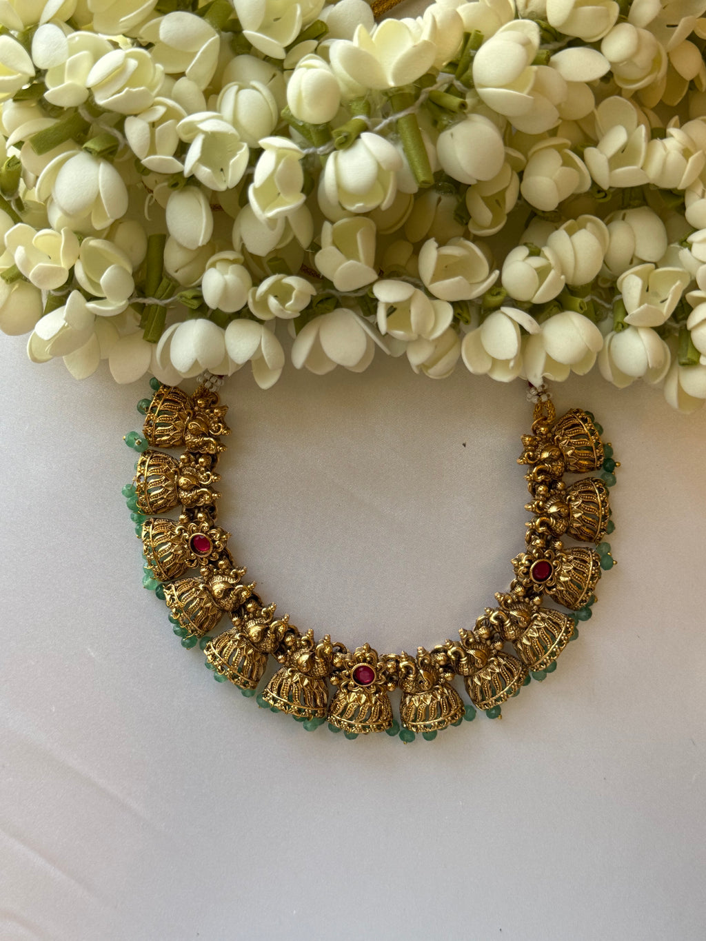 Aishwarya Necklace with Green Beads with Jhumkas