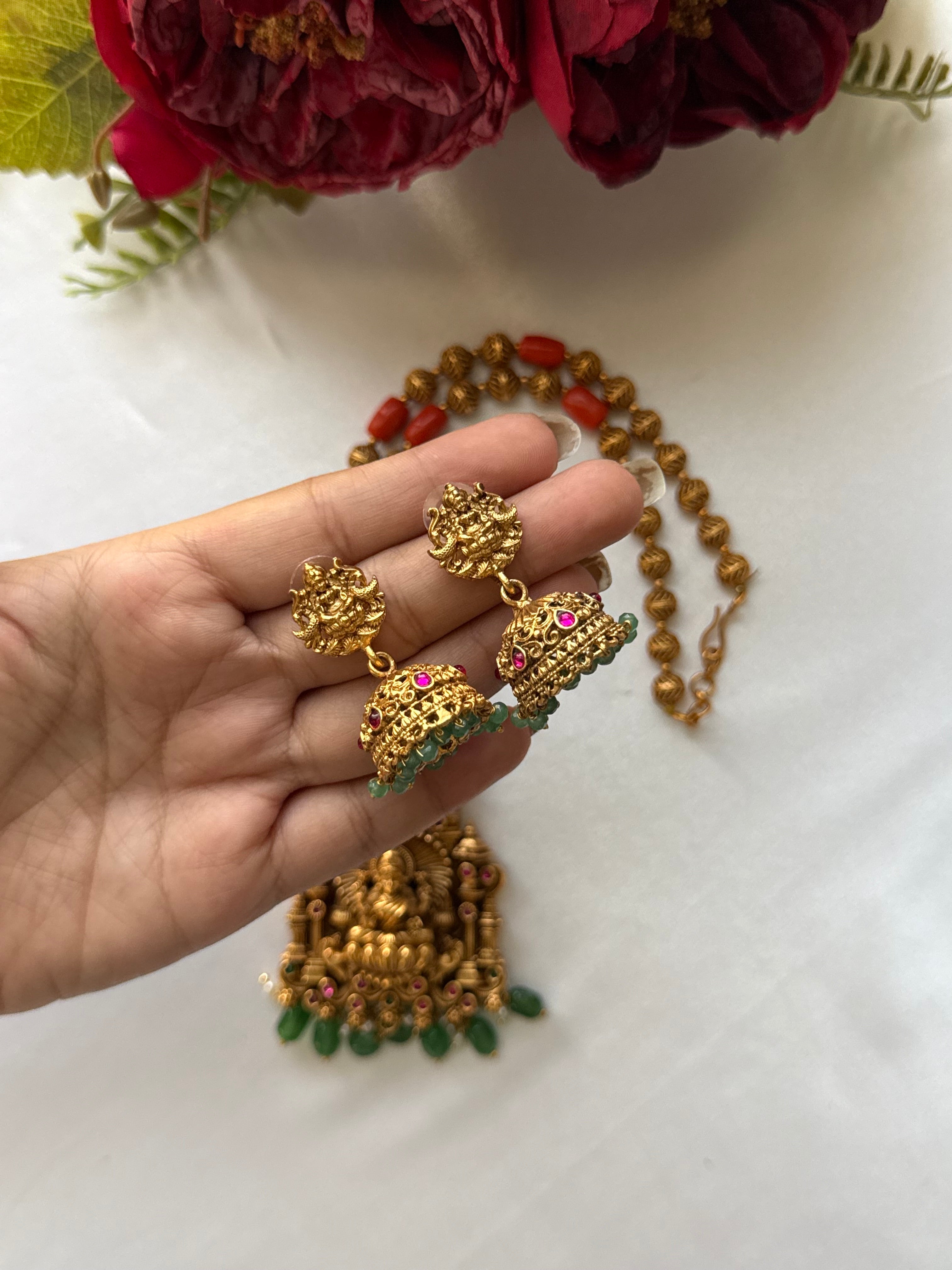 Idol Haram with orange Beads with Jhumkas