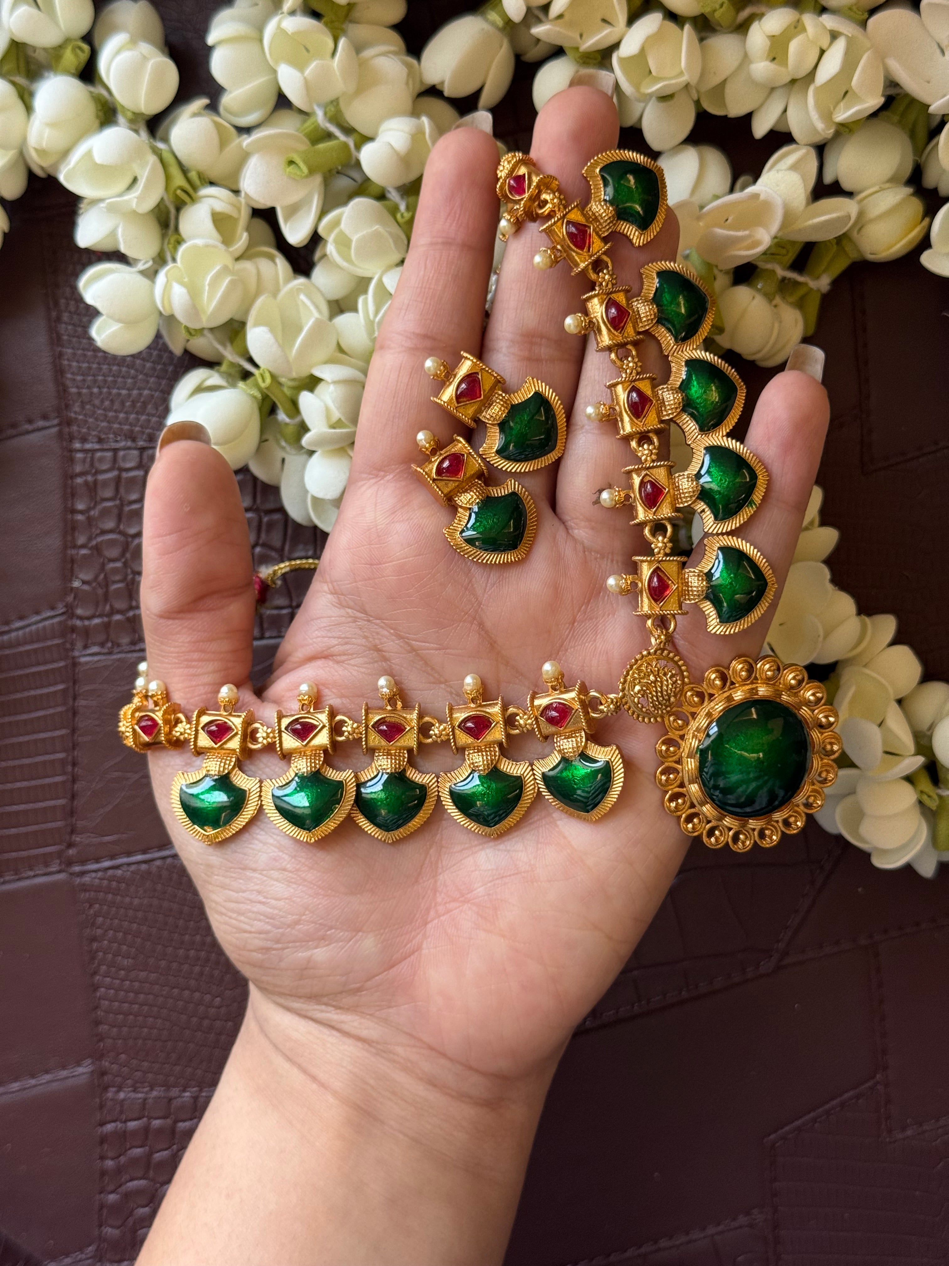 Green Palakka Necklace with Earrings