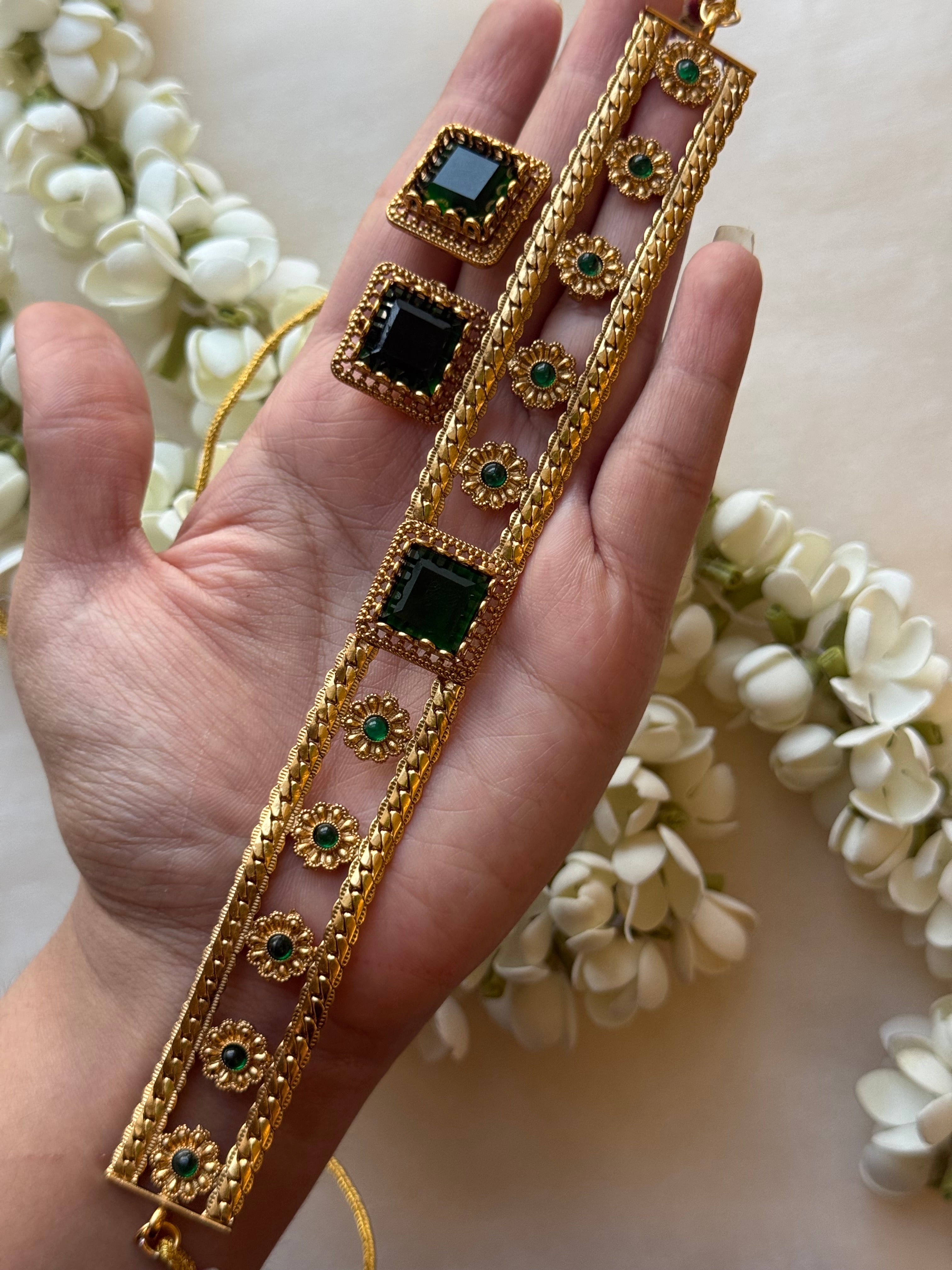 Dark Green Stone Choker with Earrings