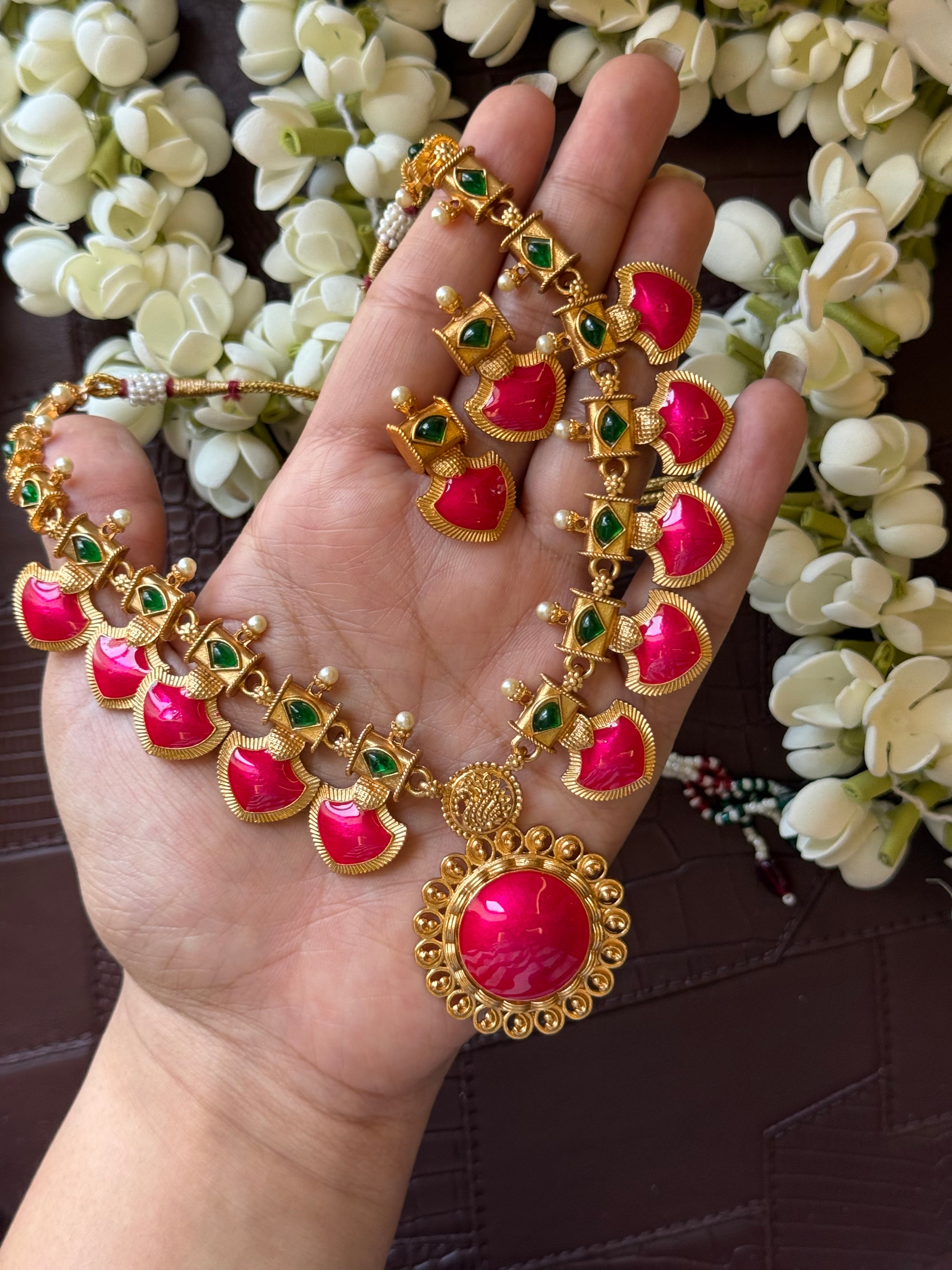 Pink Palakka Necklace with Earrings