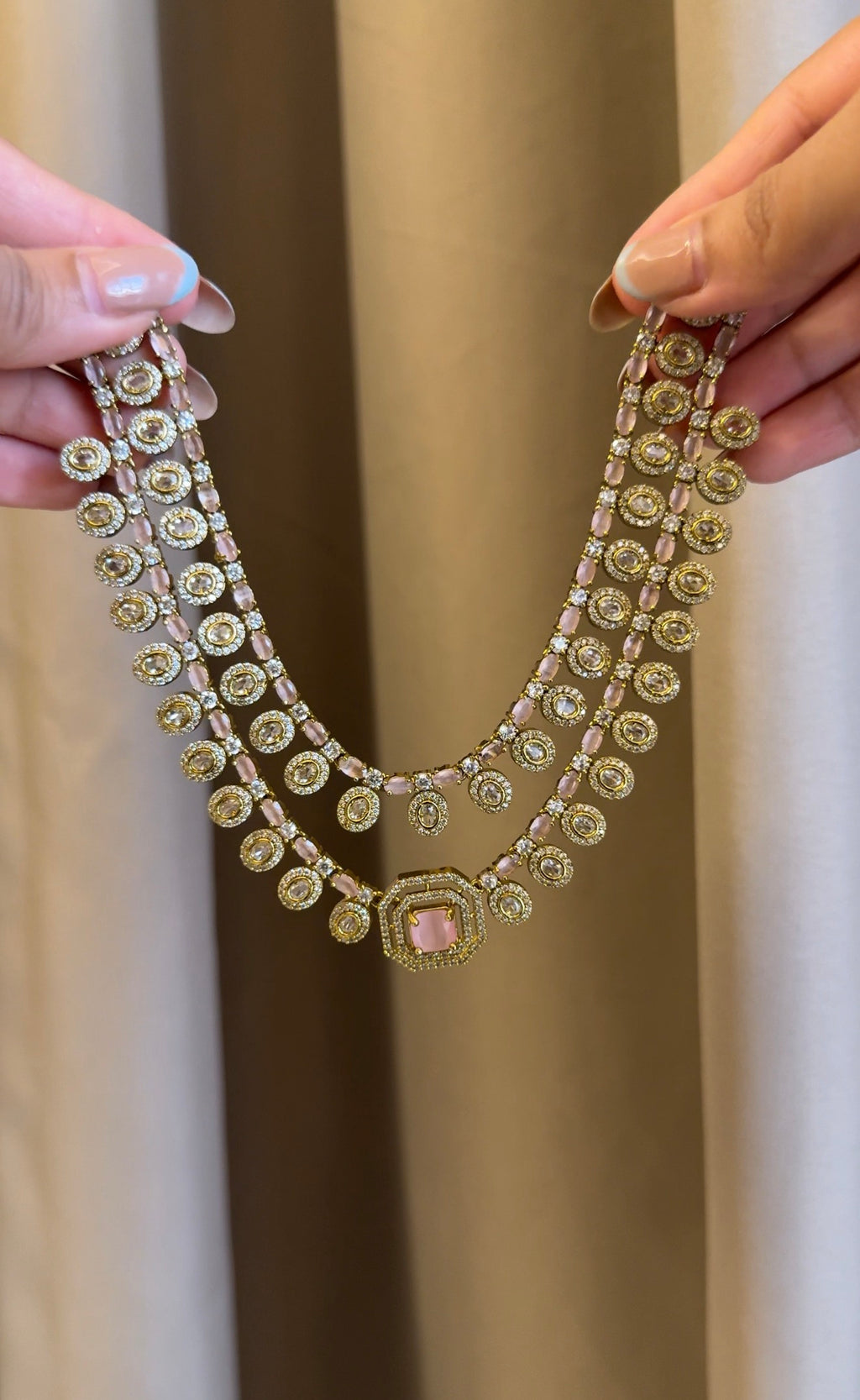 Premium Pink Double Layer  Necklace with Earrings