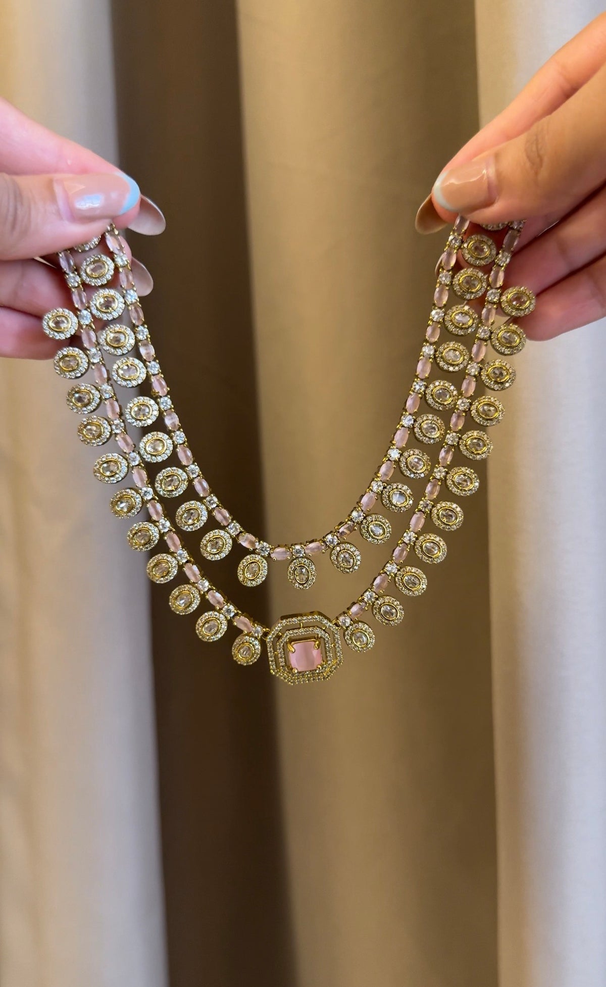 Premium Pink Double Layer  Necklace with Earrings