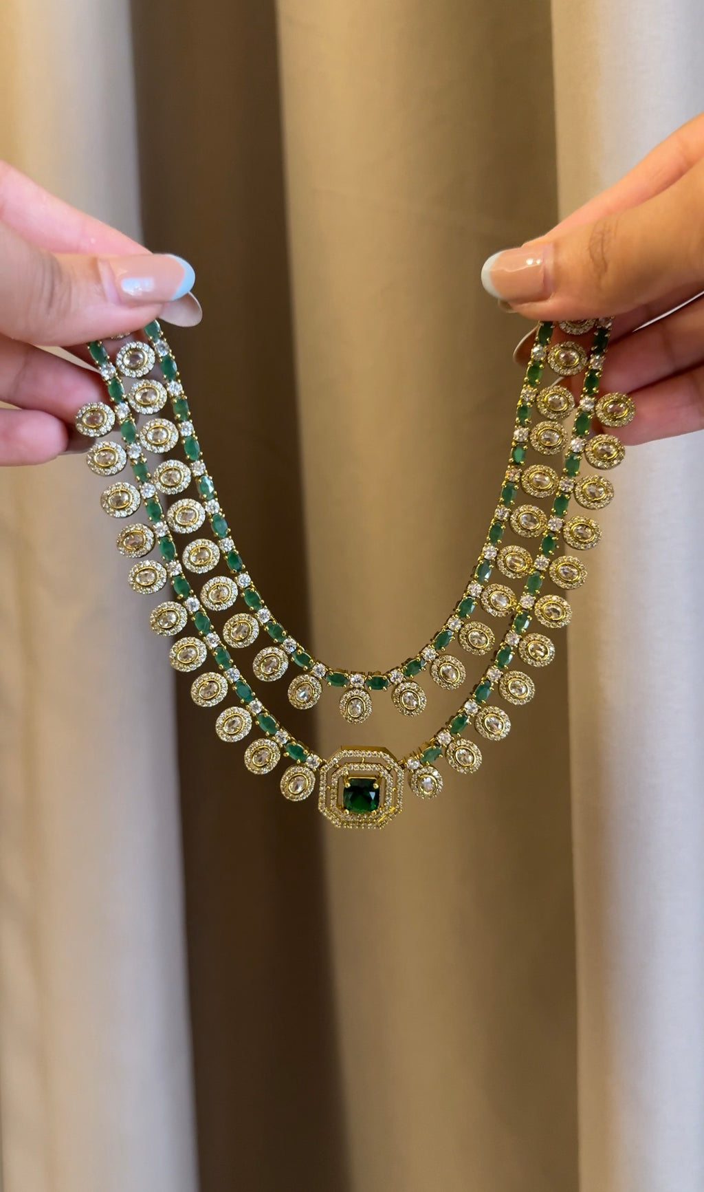 Premium Green Double Layer Necklace with Earrings