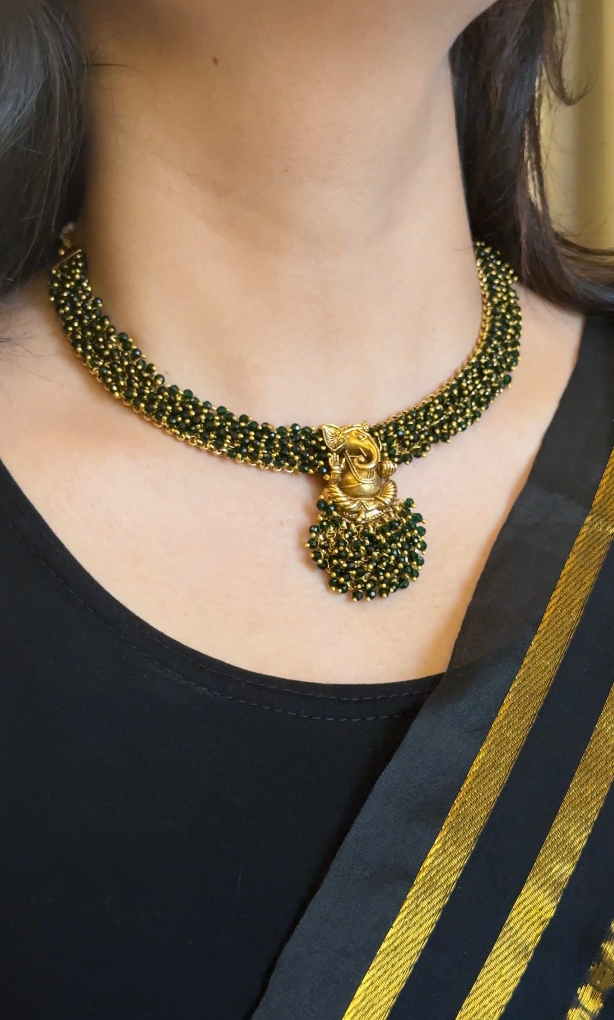 Forest Green Ganesha Necklace with Earrings