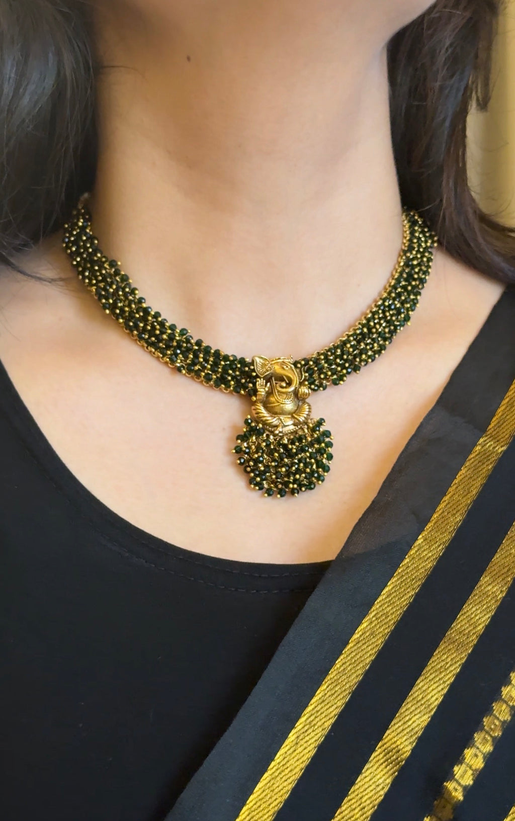 Forest Green Ganesha Necklace with Earrings