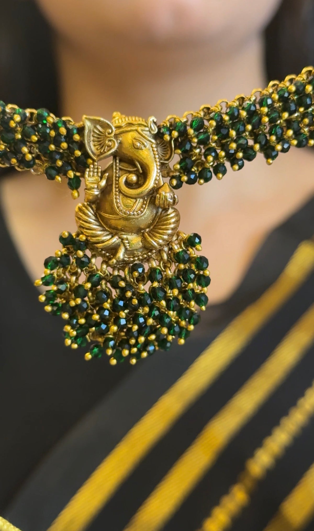 Forest Green Ganesha Necklace with Earrings