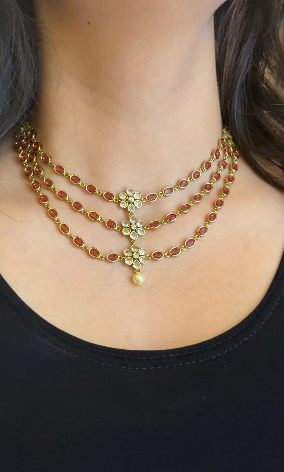 BEST SELLER THREE LAYER PRINCESS NECKLACE ( RANI PINK)