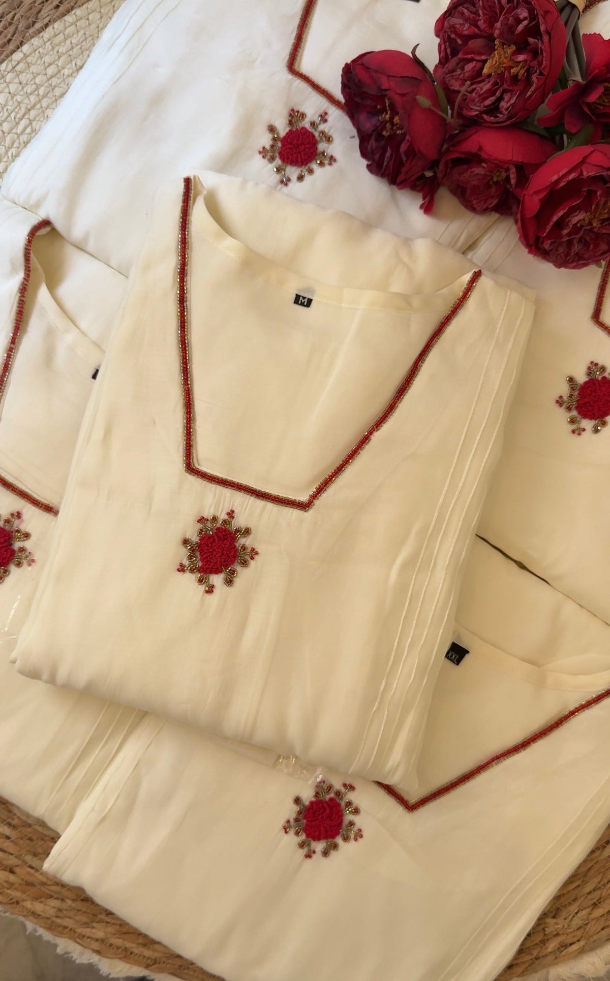 SOFT MUL CHANDERI CREAM WHITE WITH RED FLORAL HANDWORK A LINE  SUIT (WITH STRAIGHT PANTS AND SHAWL)