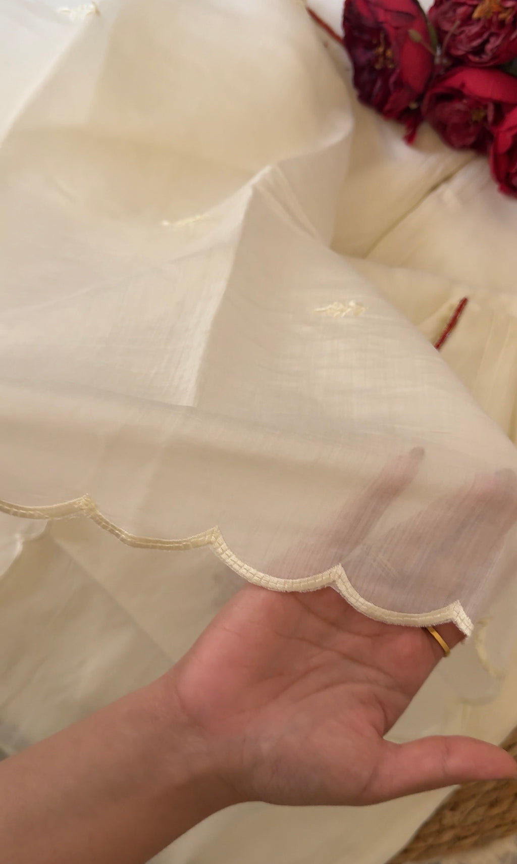 SOFT MUL CHANDERI CREAM WHITE WITH RED FLORAL HANDWORK A LINE  SUIT (WITH STRAIGHT PANTS AND SHAWL)