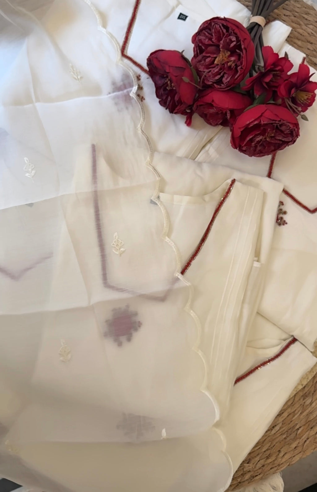 SOFT MUL CHANDERI CREAM WHITE WITH RED FLORAL HANDWORK A LINE  SUIT (WITH STRAIGHT PANTS AND SHAWL)